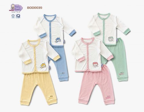 BOD0039 - Bộ dài sơ sinh cài giữa trắng viền màu